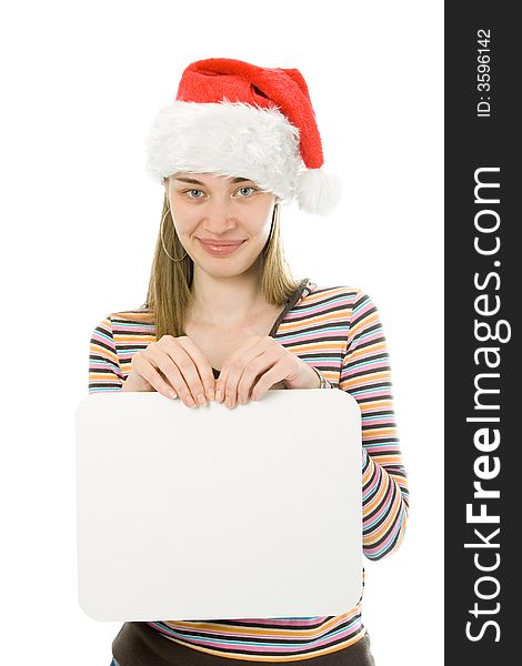 Young beauty woman in red hat with white blank on white background