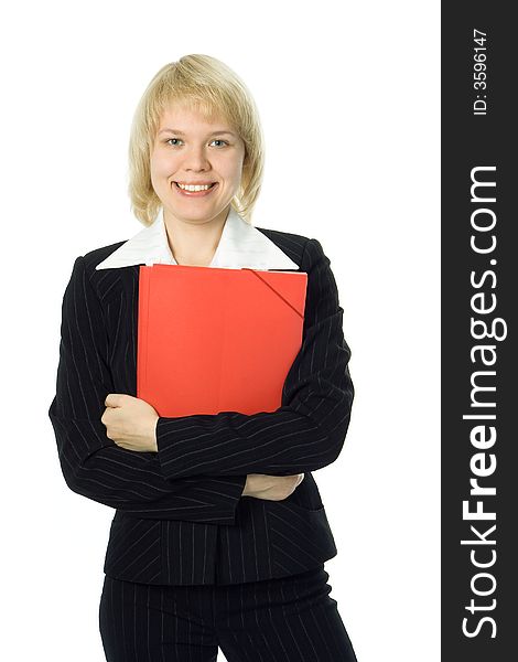 Half-length portrait business woman with red folder over white background