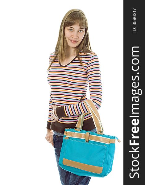 Beauty young woman shopping with bag over white background