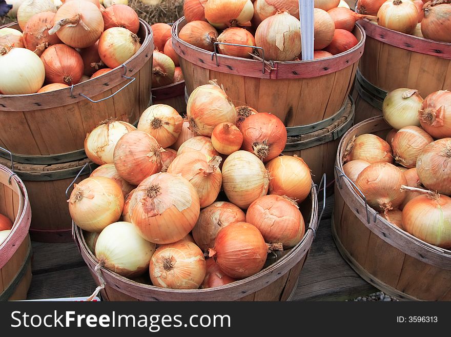 Bushels of fresh picked onions at a roadside market