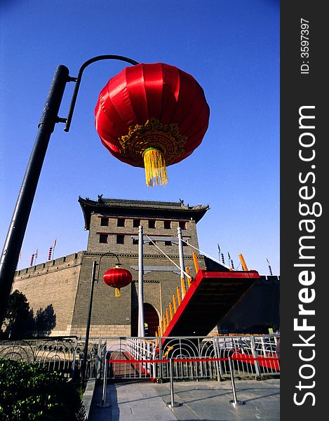 Red lantern in front of the south gate.Xian city wall,China.