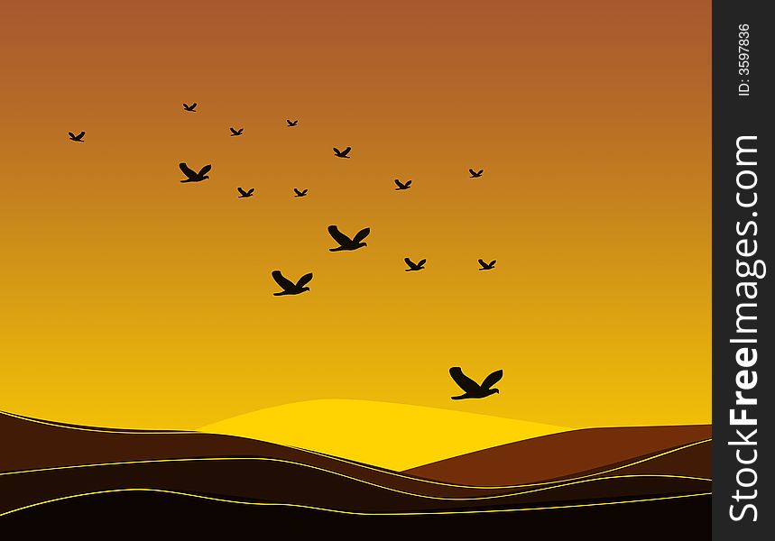 Illustration of birds in the sunset