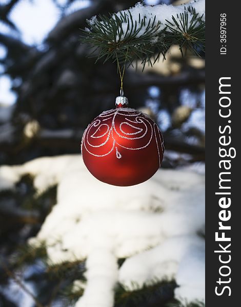 Christmas tree decoration handing on fir tree covered with snow. Christmas tree decoration handing on fir tree covered with snow