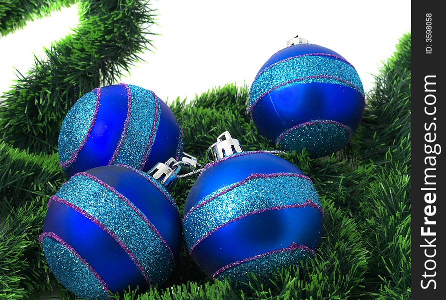 Christmas blue ornaments on white background