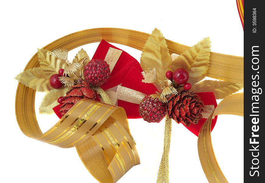 Christmas ornaments and ribbons  isolated on white background