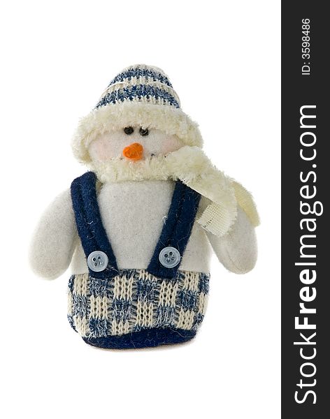 Pretty small knitted snow man, isolated white. Pretty small knitted snow man, isolated white