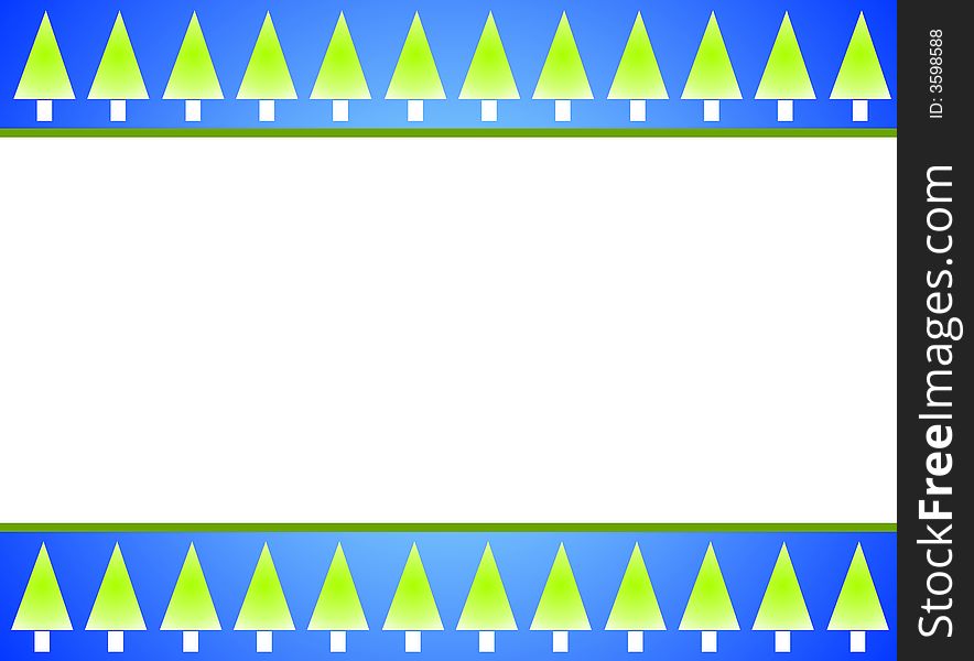 A background border featuring green Christmas trees, blue stripes and white center. A background border featuring green Christmas trees, blue stripes and white center