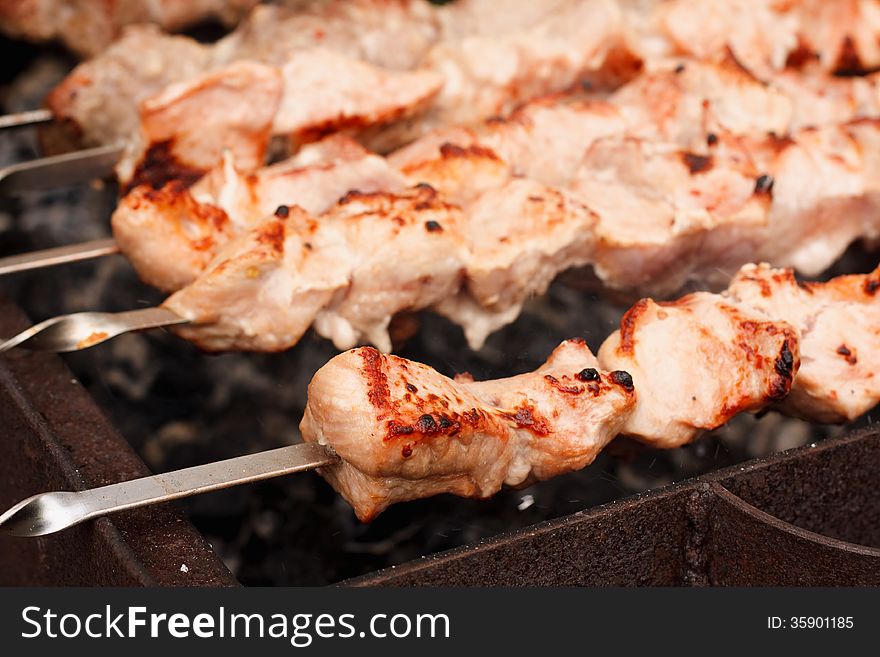 Juicy slices of meat with sauce prepare on fire &#x28;shish kebab&#x29