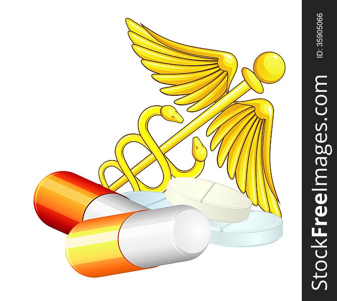 Gold caduceus and group of pills and capsules. Gold caduceus and group of pills and capsules
