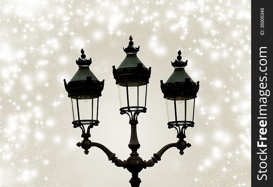 Christmas Greeting Card - White Night With Stars And Street Lamp