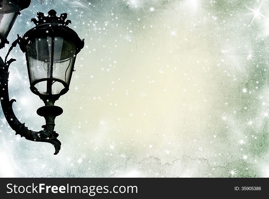 Christmas greeting card - white night with stars and street lamp