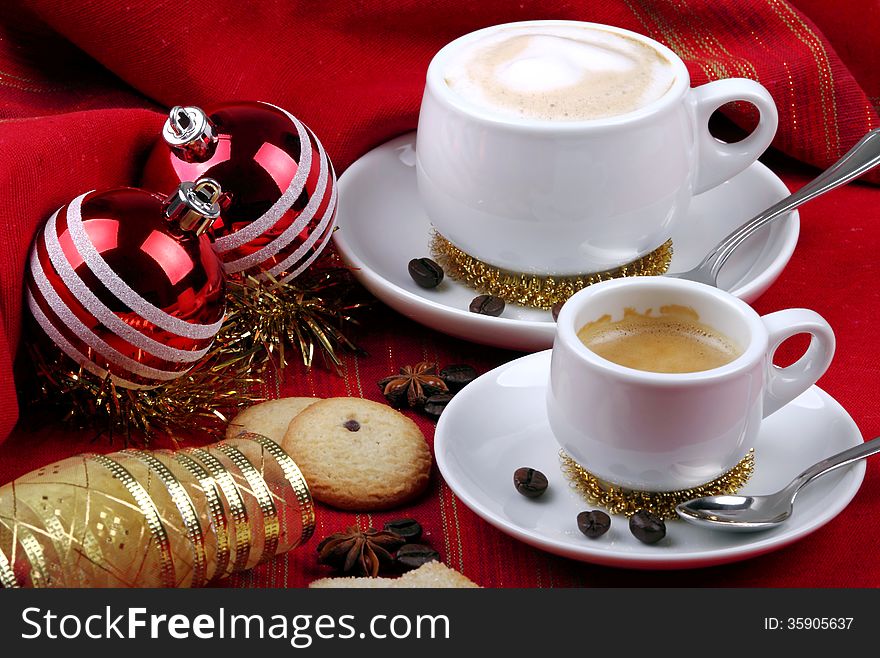 Milk and coffee with espresso on background of red cloth and pastries. Milk and coffee with espresso on background of red cloth and pastries