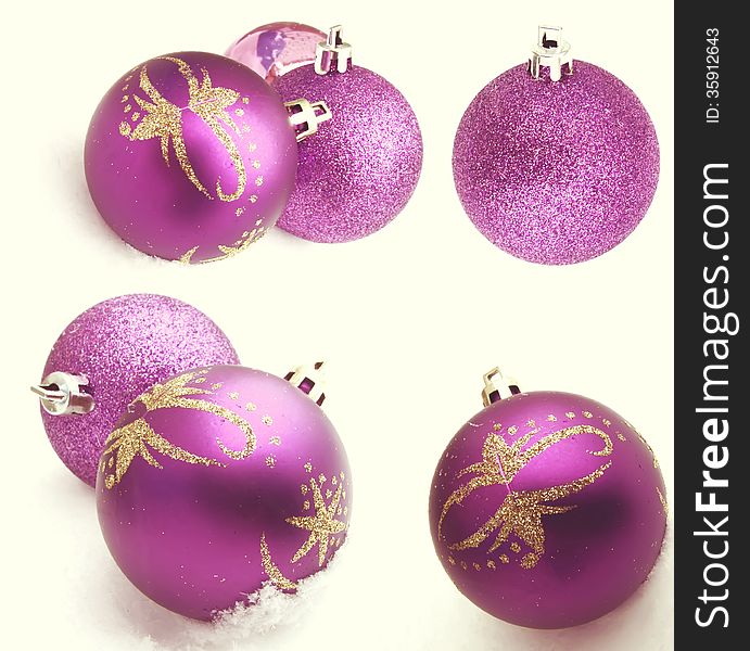 Christmas, New Year purple balls on white background. Christmas, New Year purple balls on white background