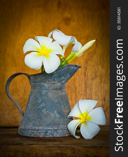 White plumeria flower on wood table,still life