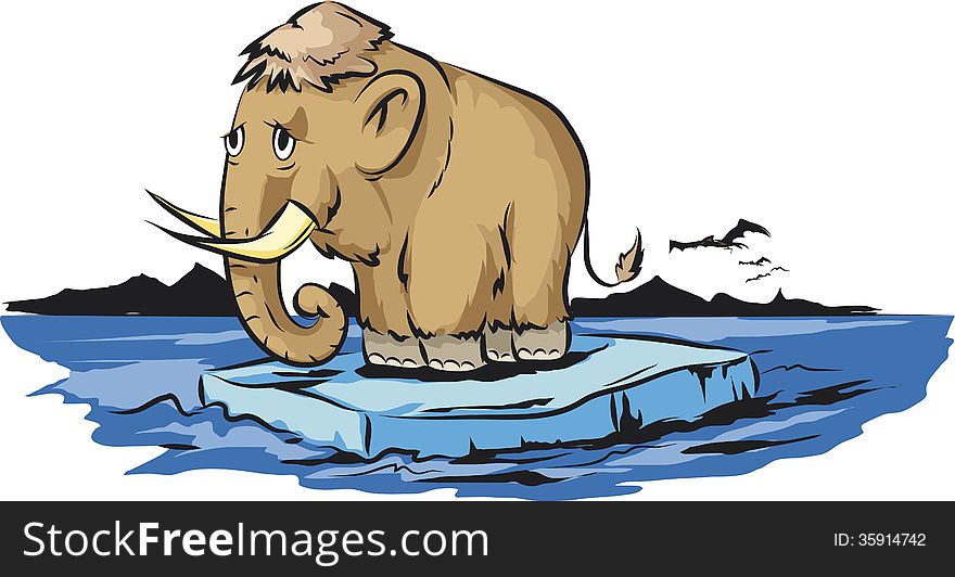 Vector illustration of sad mammoth who stands on melting iceberg.