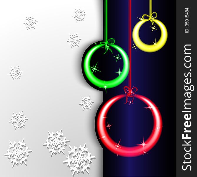 Christmas background. Colorful glowing neon colored balls and gray background with snowflakes. Vector illustration. Christmas background. Colorful glowing neon colored balls and gray background with snowflakes. Vector illustration.