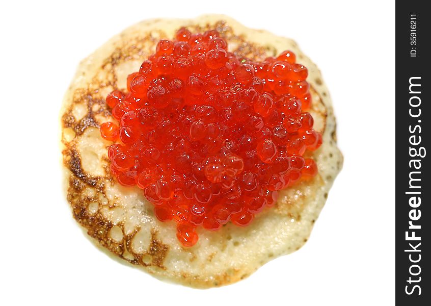 Delicious pancake with red caviar on a white background