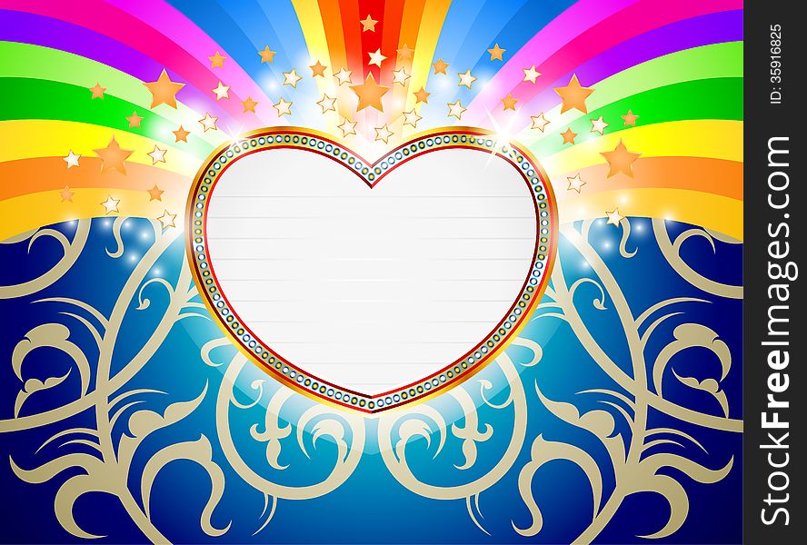 Glossy heart marquee with colorful rainbow and stars shape background