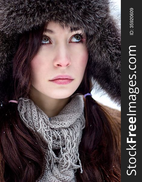 Face Of Brunette Hair Woman In Fur Hat