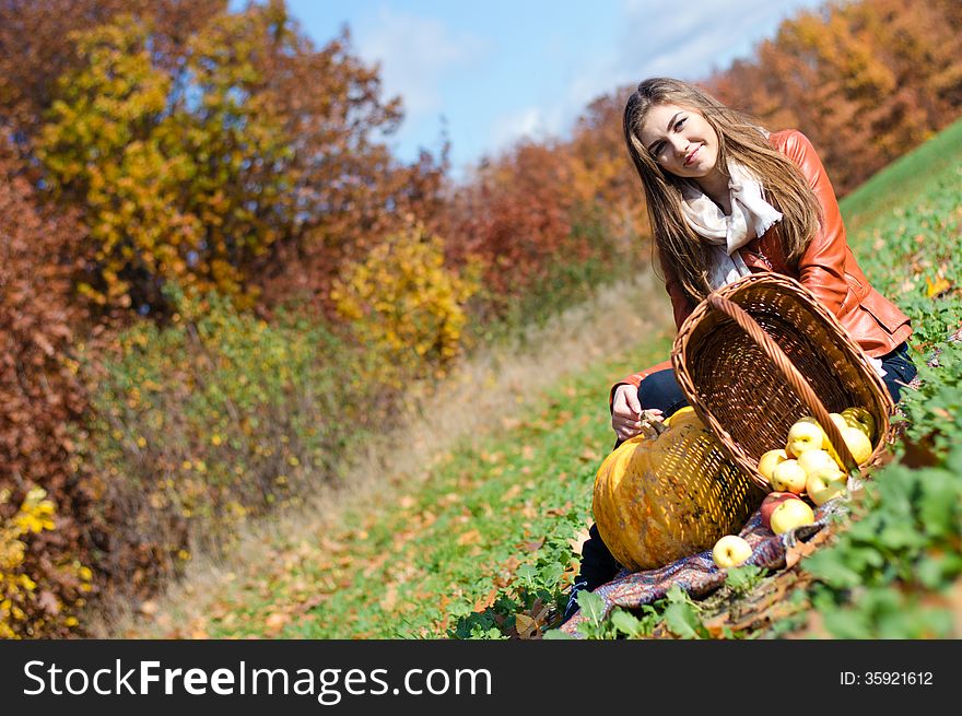 Happy smiling & looking at camera young woman with basket of fresh apples sitting on meadow on bright autumn day. Happy smiling & looking at camera young woman with basket of fresh apples sitting on meadow on bright autumn day