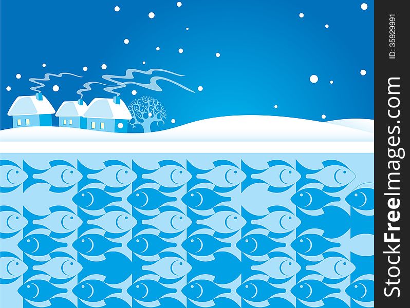 The illustration shows a winter landscape with houses. Near there is a river under ice shows silhouettes of fish. The illustration shows a winter landscape with houses. Near there is a river under ice shows silhouettes of fish.