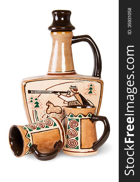 Ancient Wine Jug And Ceramic Mugs