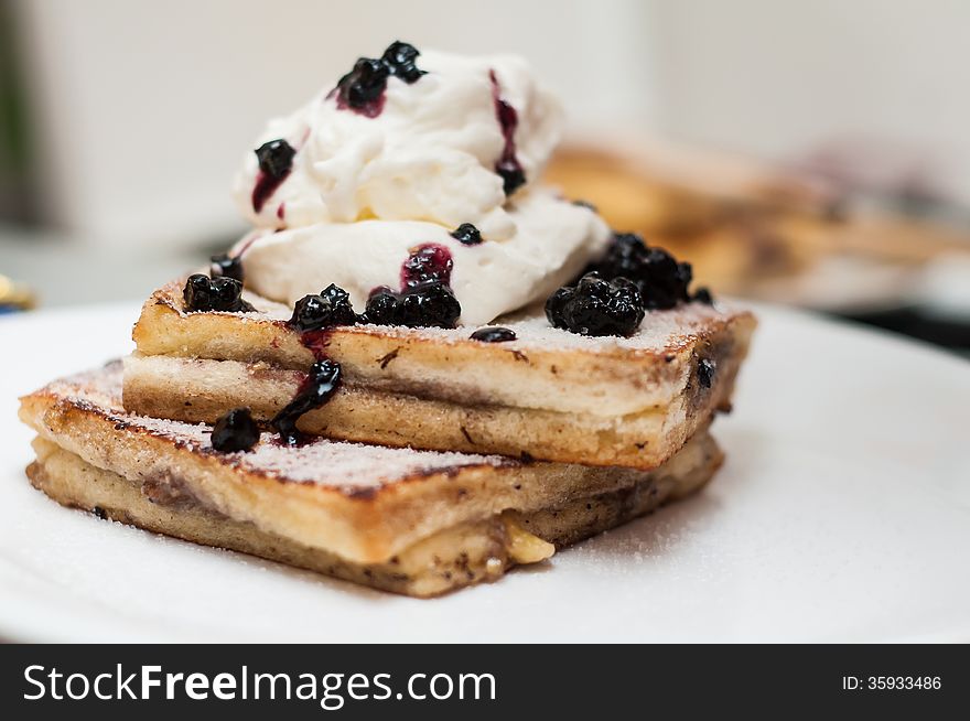 Fresh french toast with whip-cream and jam