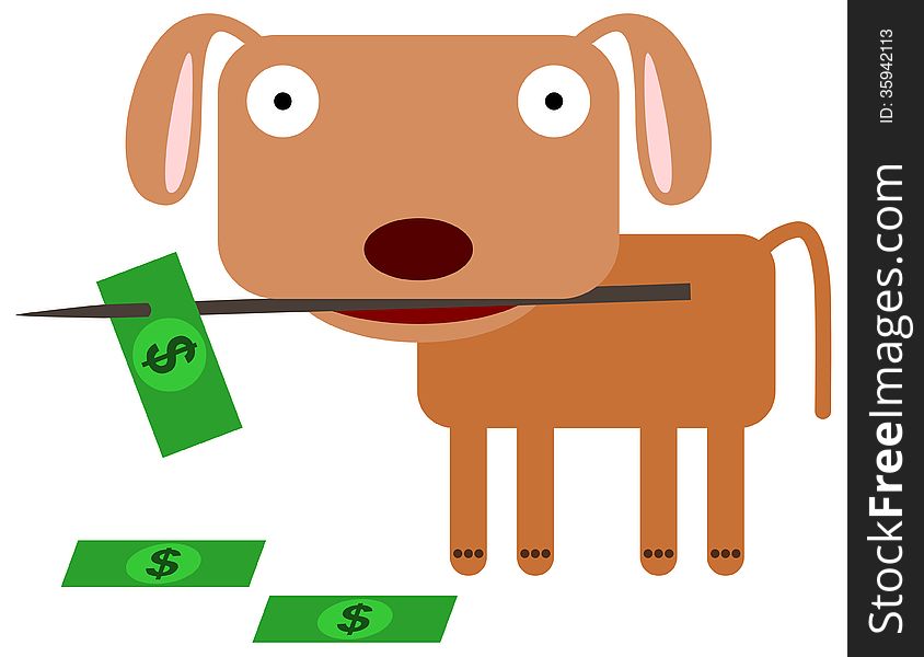 A cartoon dog picking dollar bills with a stick. A cartoon dog picking dollar bills with a stick