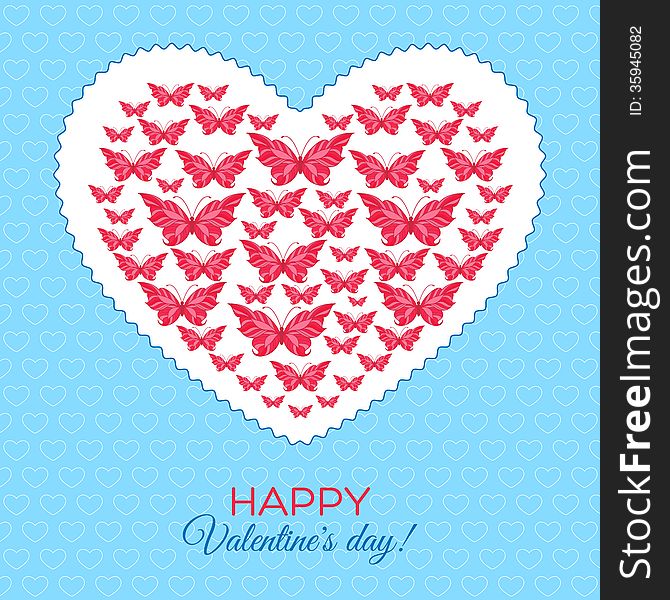 Happy Valentine's Day Card with heart of butterflies. Happy Valentine's Day Card with heart of butterflies