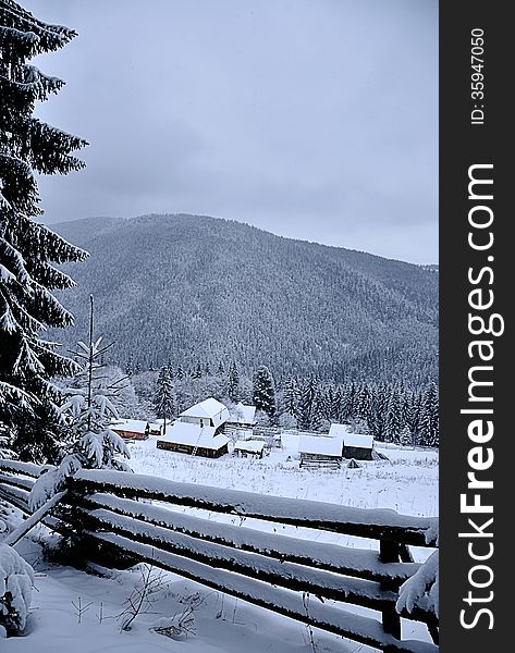 Image of beautiful winter day with snow-covered fir trees, frosty wooden fence and mountain. Image of beautiful winter day with snow-covered fir trees, frosty wooden fence and mountain