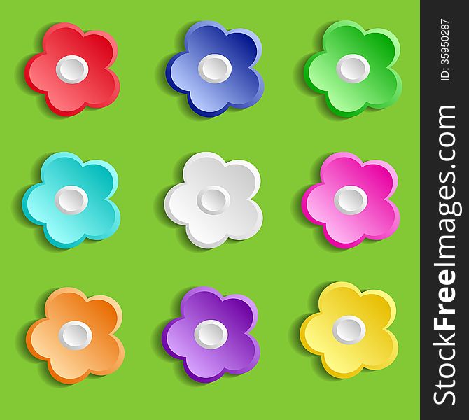 Set Of Paper Flowers On Green Background