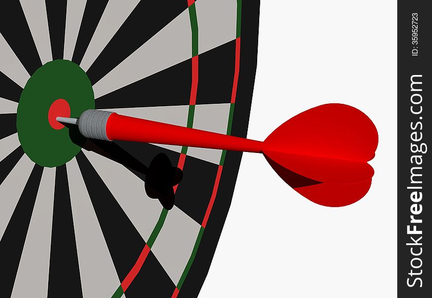 A red dart sticked in the centre of a dartboard