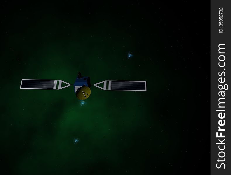A spacecraft, satellite, in the sideral space, in the background a green nebula. 3D rendering.