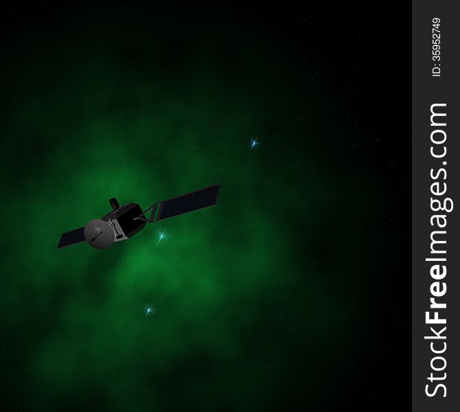 A spacecraft, satellite, in the sideral space, in the background a green nebula. 3D rendering.