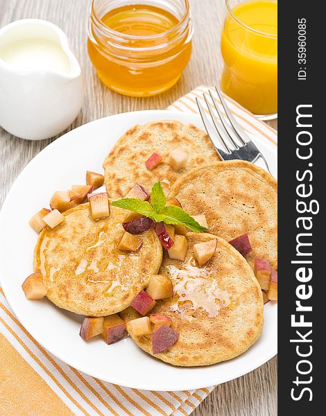 Pancakes With Peaches And Honey For Breakfast, Top View