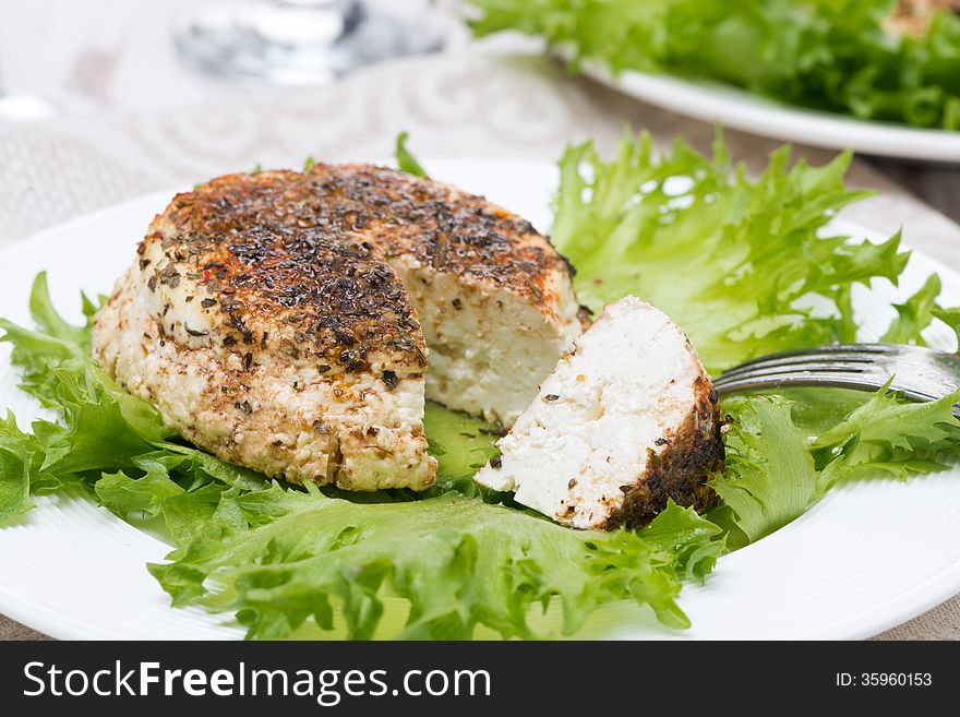 Spicy baked homemade cheese and fresh salad, horizontal