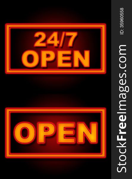 24 7 Open and Open text in neon sign over black background. 24 7 Open and Open text in neon sign over black background.