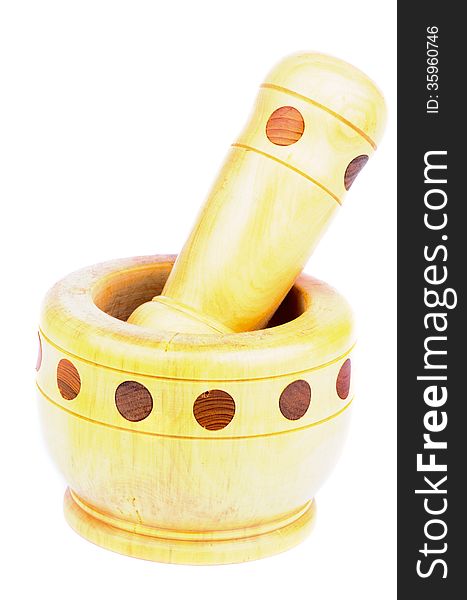 Handmade Wooden Mortar and Pestle on white background