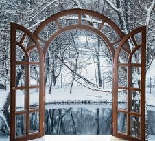 Open Door And A Winter Forest Stock Image Open Door And A Winter Forest Stock Image
