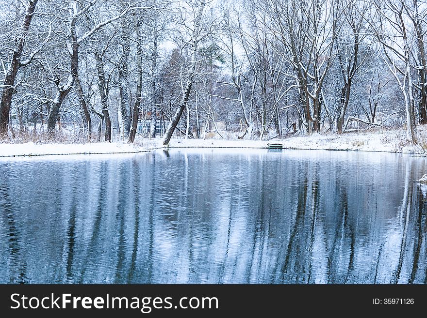 Landscape is not still pond with snowy shore. Landscape is not still pond with snowy shore