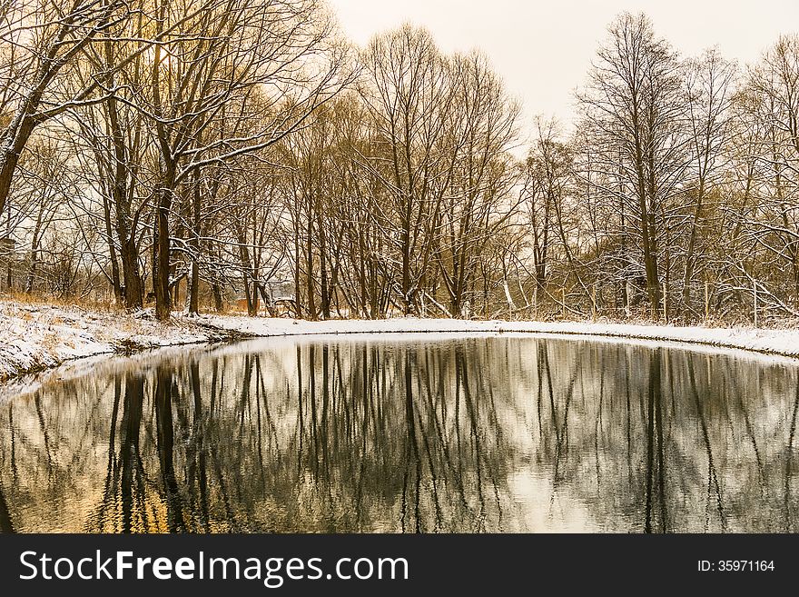 Landscape is not still pond with snowy shore. Landscape is not still pond with snowy shore