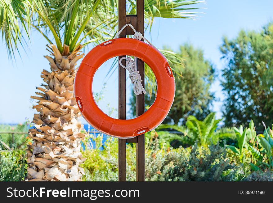 life buoy with rope hanging around the pool