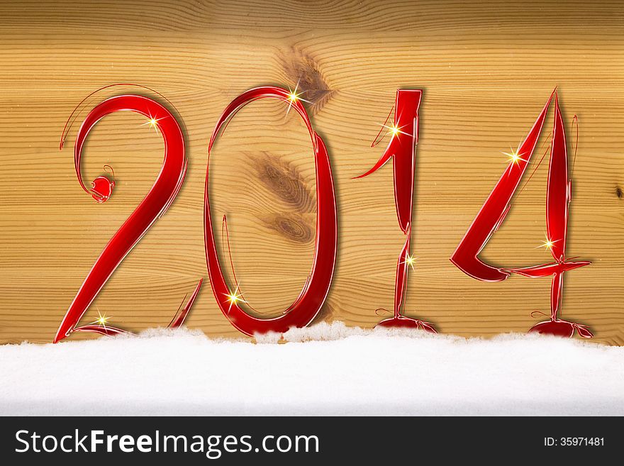 Christmas decoration and snow.	Wood background.New Year 2014.