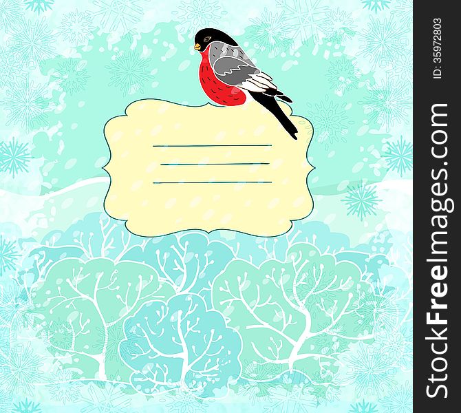 Vector winter background with bullfinch bird