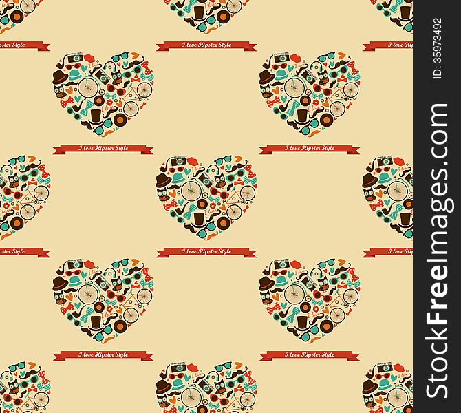 Vector Hipster Love Colorful Seamless Pattern, Background