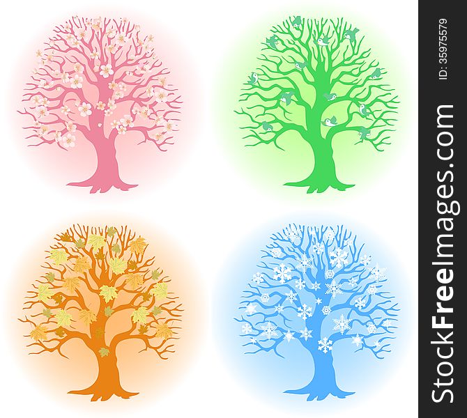 The illustration shows a tree in different seasons. Achieved in a vector on separate layers