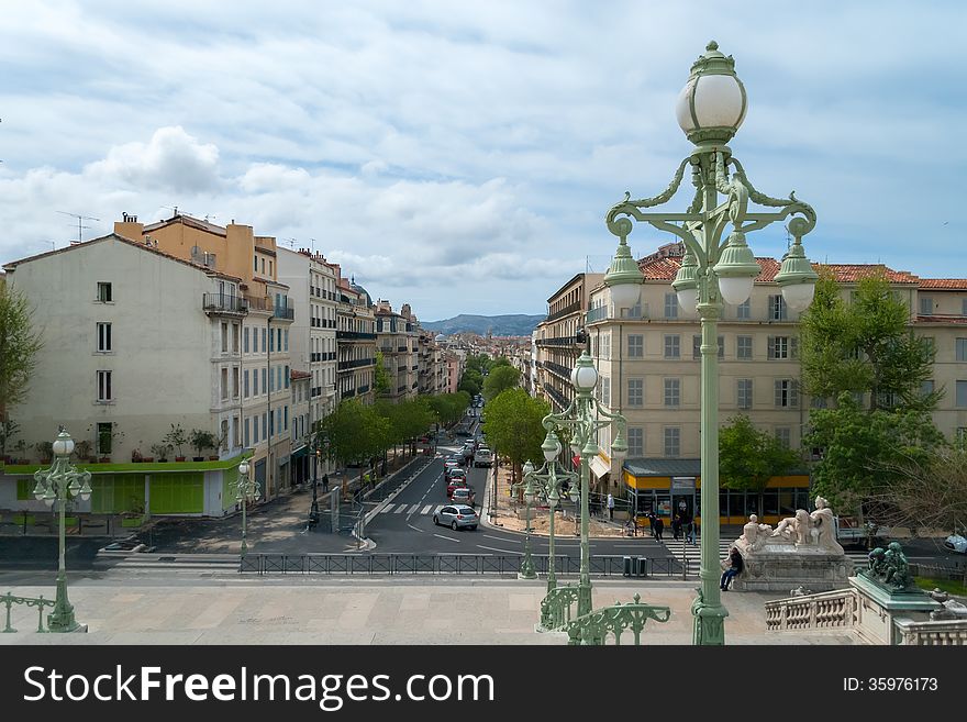 Marseille view from the main straircase of the central railway station Gare de Marseille-Saint-Charles