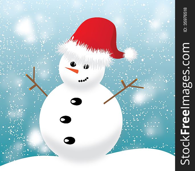 Snowman with red cap on blue background