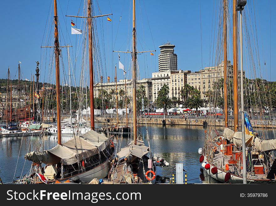 Historical ships in Barcelona's harbor - Port Vell, Spain. Historical ships in Barcelona's harbor - Port Vell, Spain