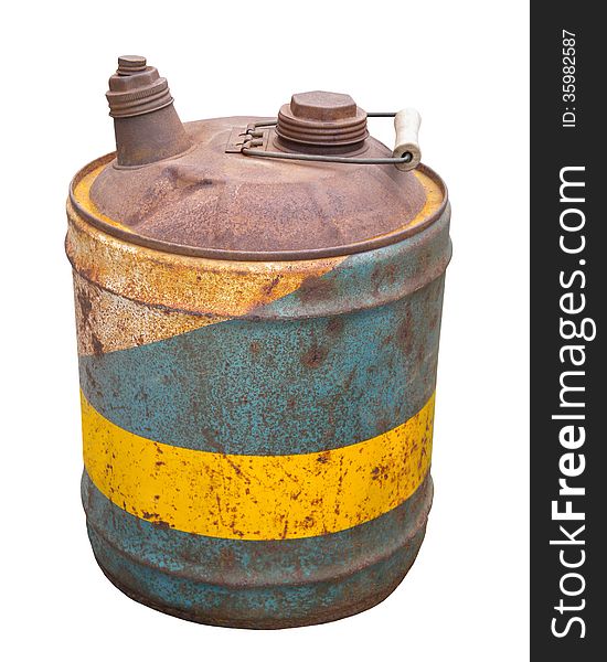 Old metal gas can isolated.